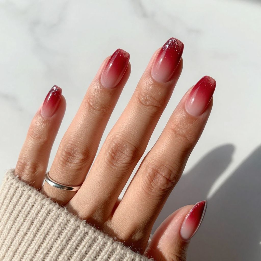 Cherry Red Gradient with Silver Glitter Cuticles