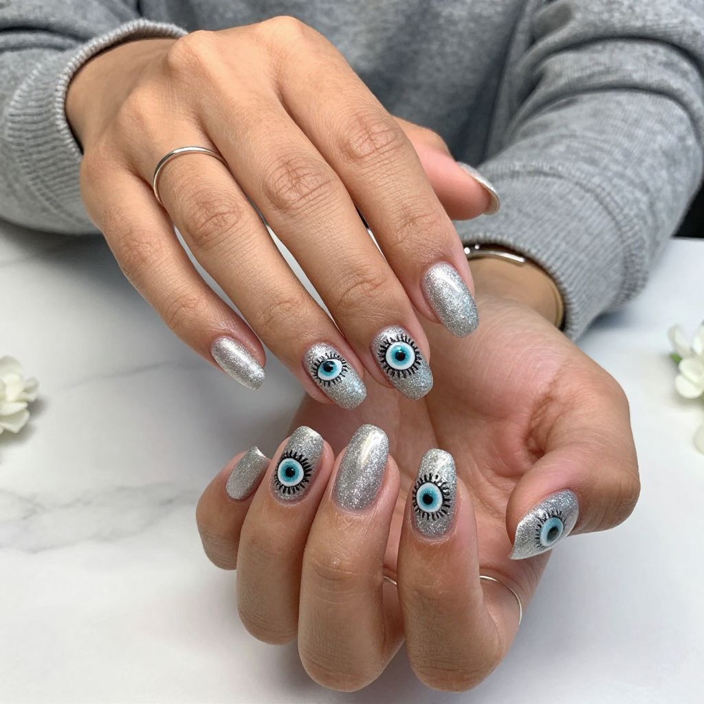 Glittery Silver Evil Eye Glam