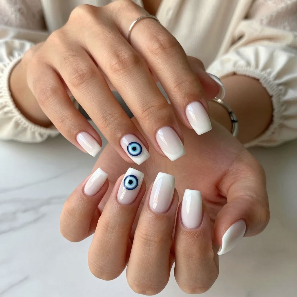 Classic French Tip With Tiny Evil Eye Accents