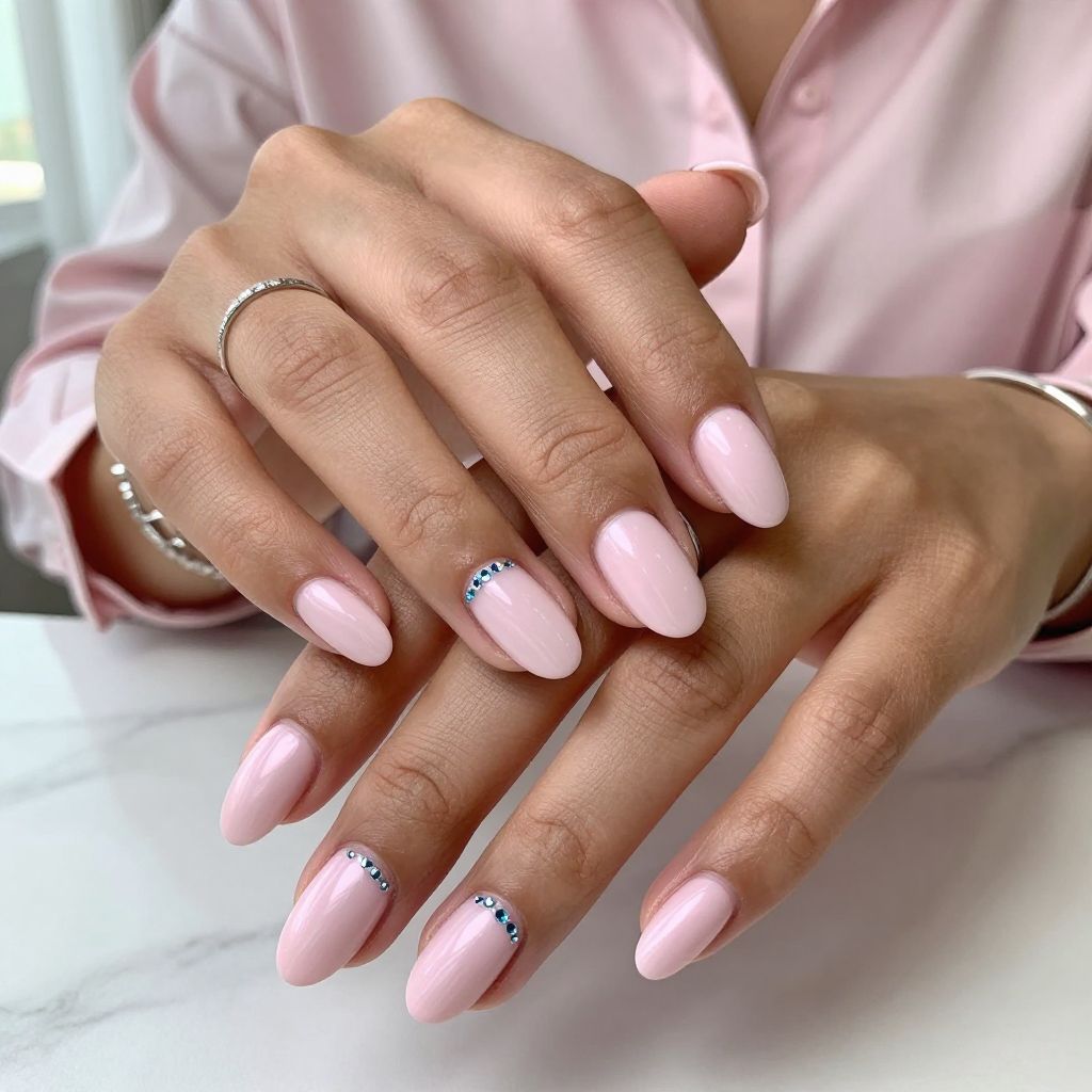 Soft Satin Pink with Blue Gems Nail Design