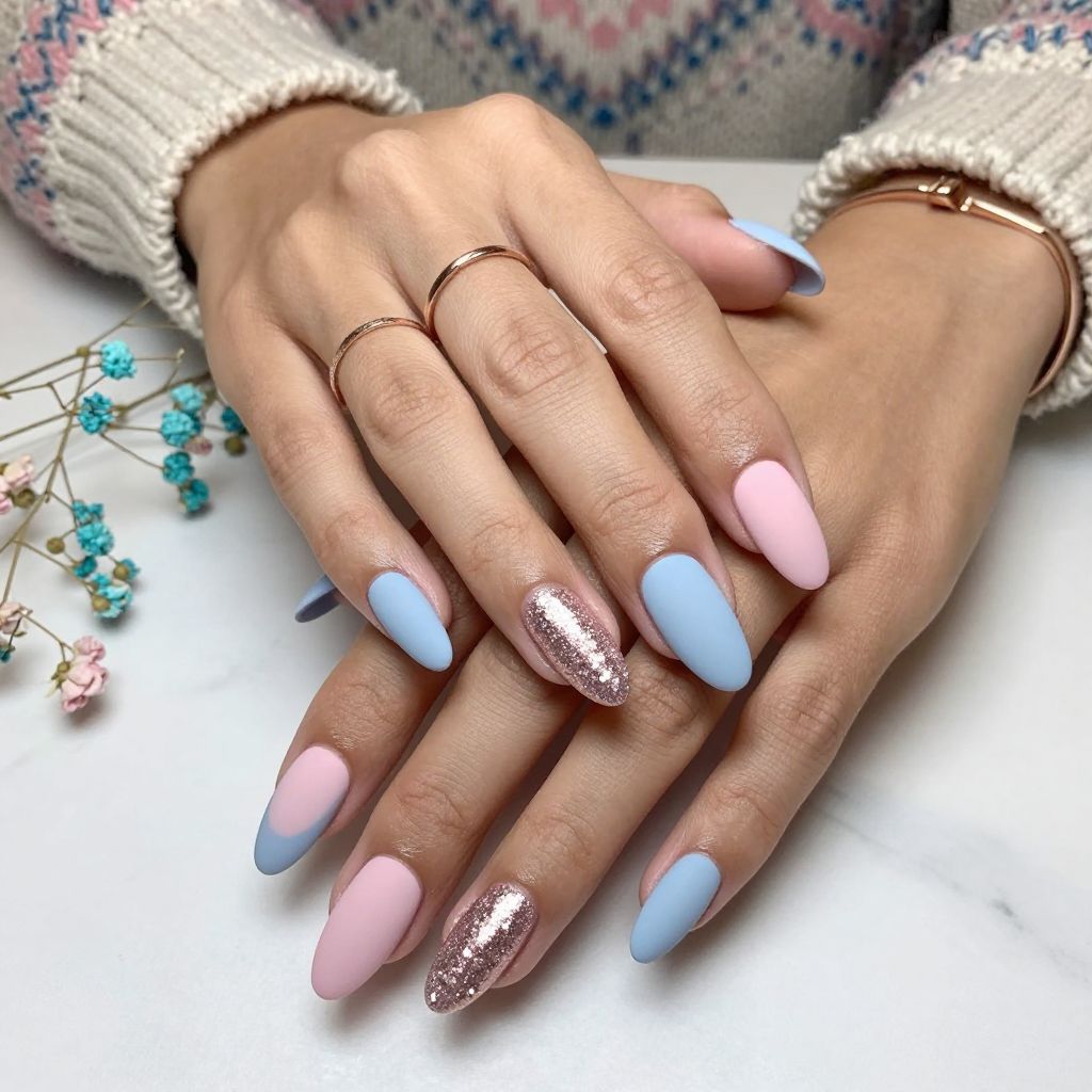 Rose Gold Pink and Blue Fusion Nail Design