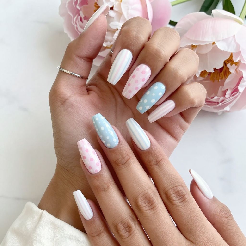 Stripes and Polka Play Nail Design