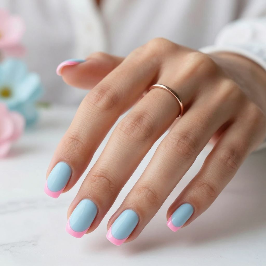 Baby Blue Matte with Pink Tips Nail Design