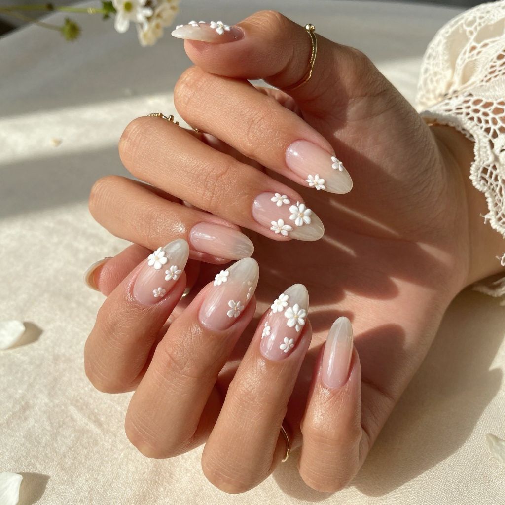 Layered Ghost Nails with 3D White Flowers
