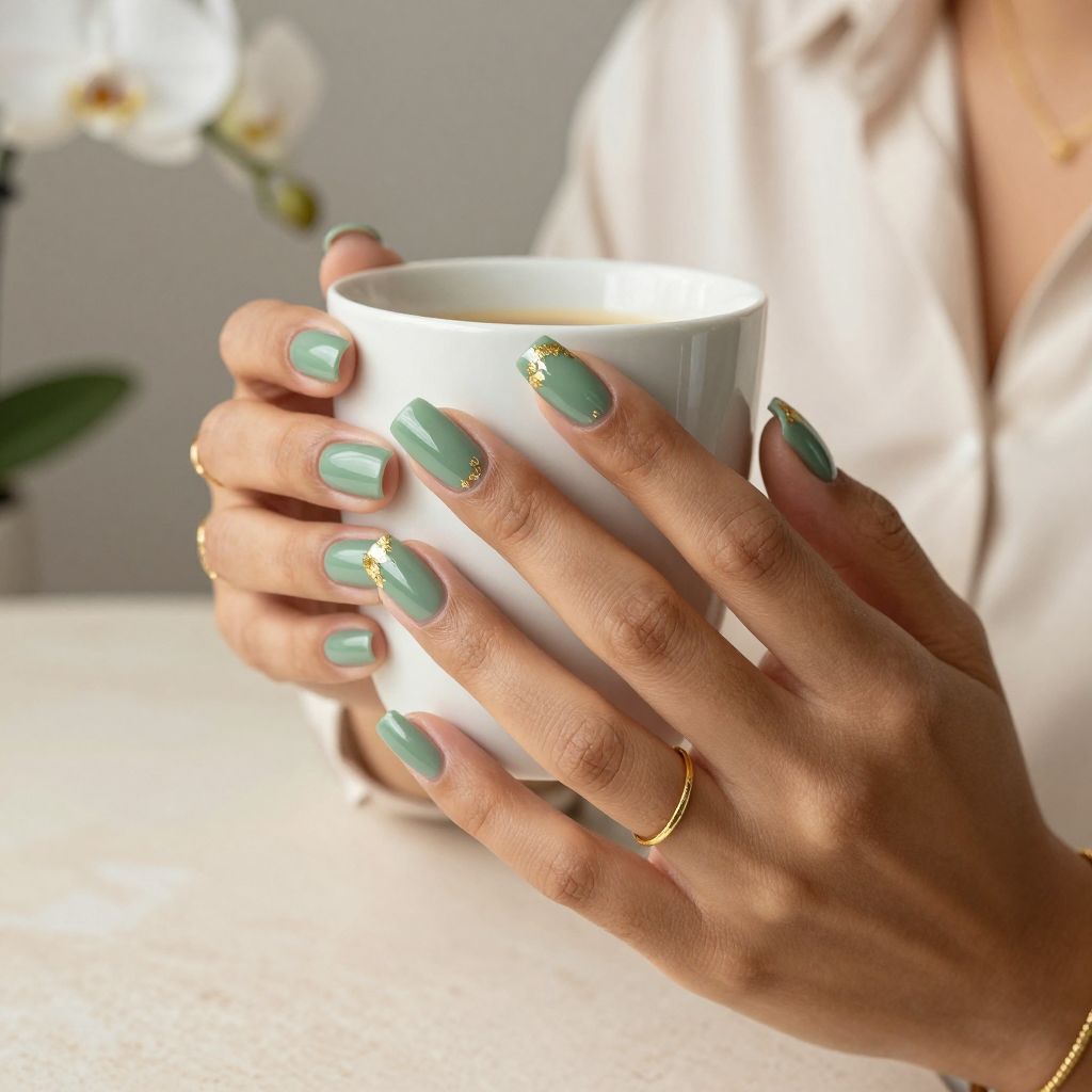 Jade Green Nails with Gold Leaf Cuticle Detail