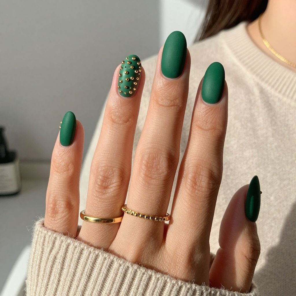 Pine Green Satin Finish with Gold Studded Ring Nail