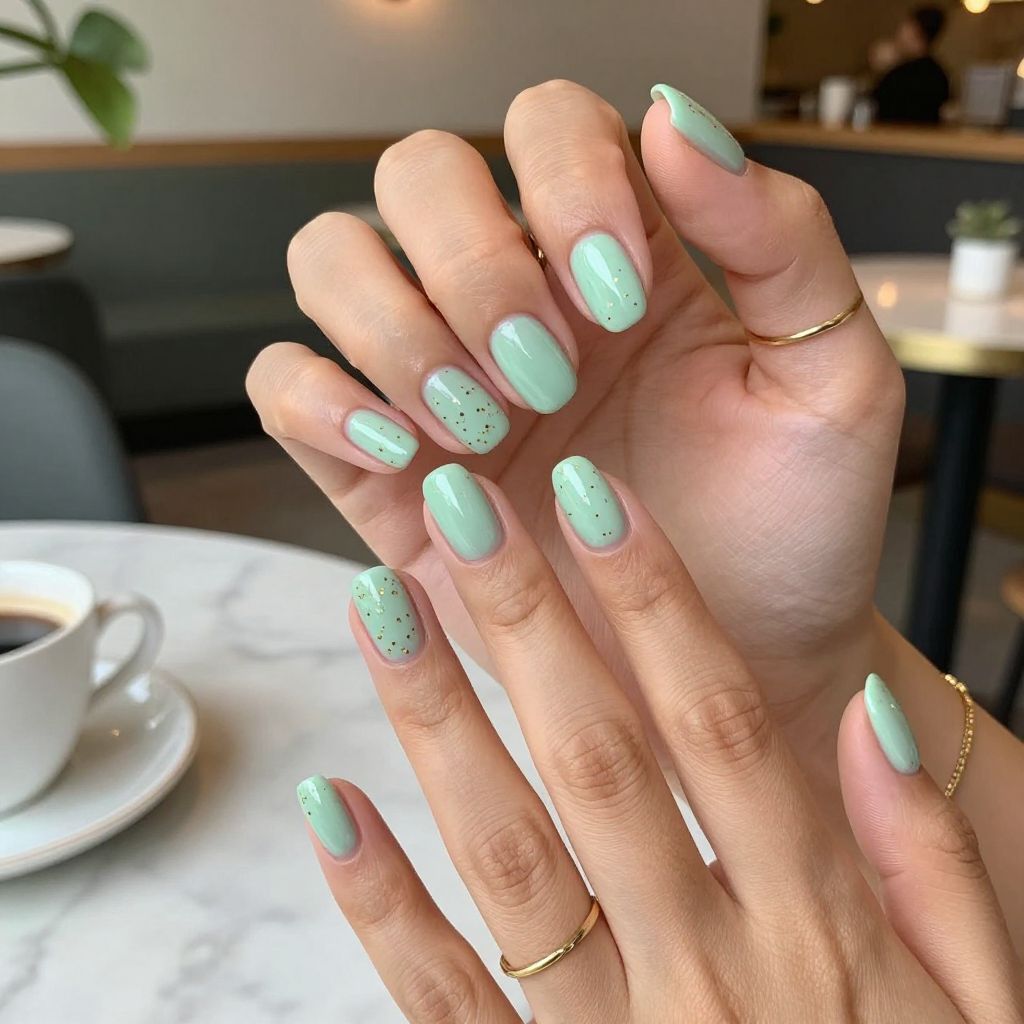Mint Green Glossy Nails with Delicate Gold Dots