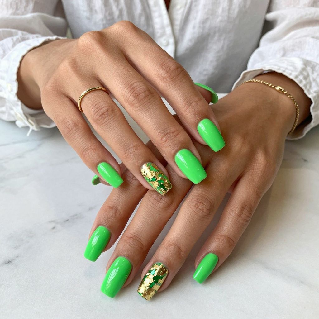 Neon Green Nails with Gold Foil Flashes