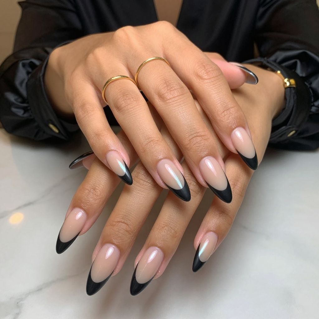 Nude Chrome Stiletto with Matte Black Tips