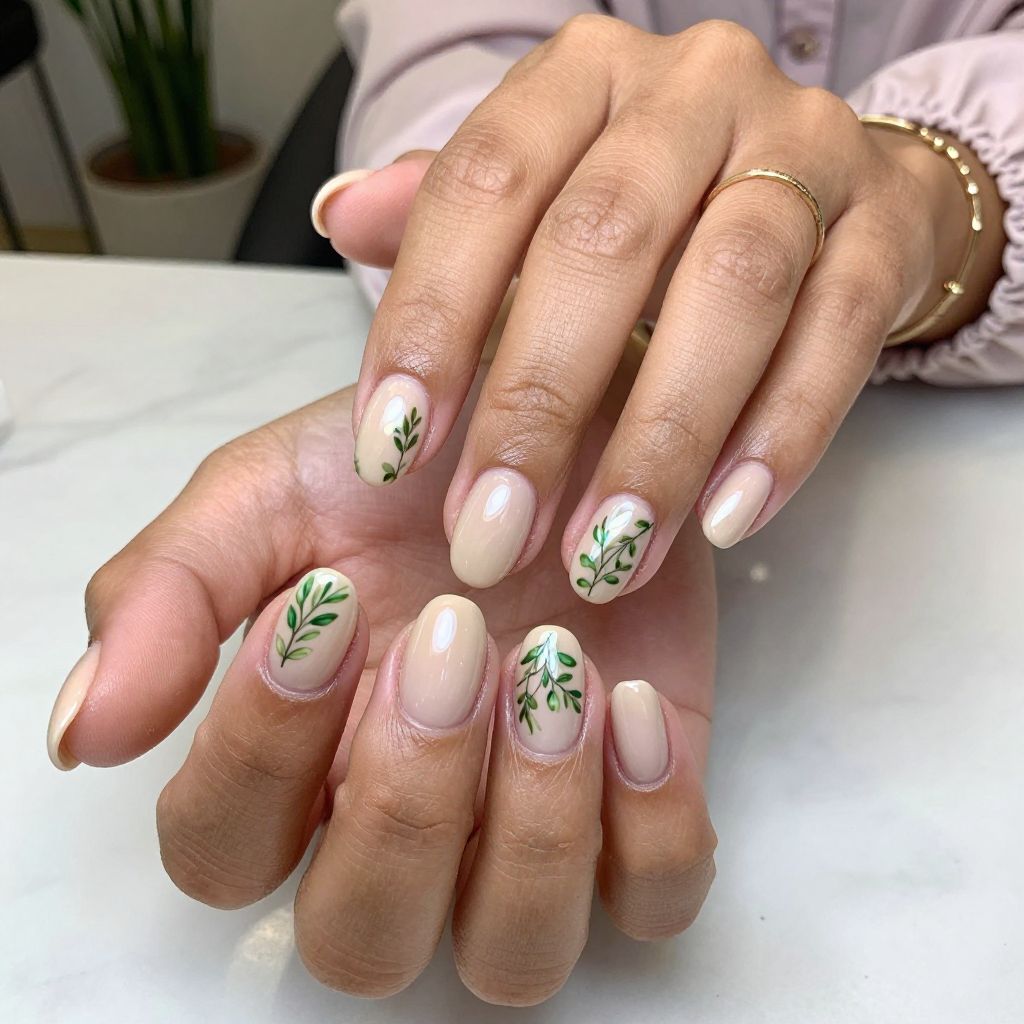 Nude Chrome with Delicate Leaf Motif