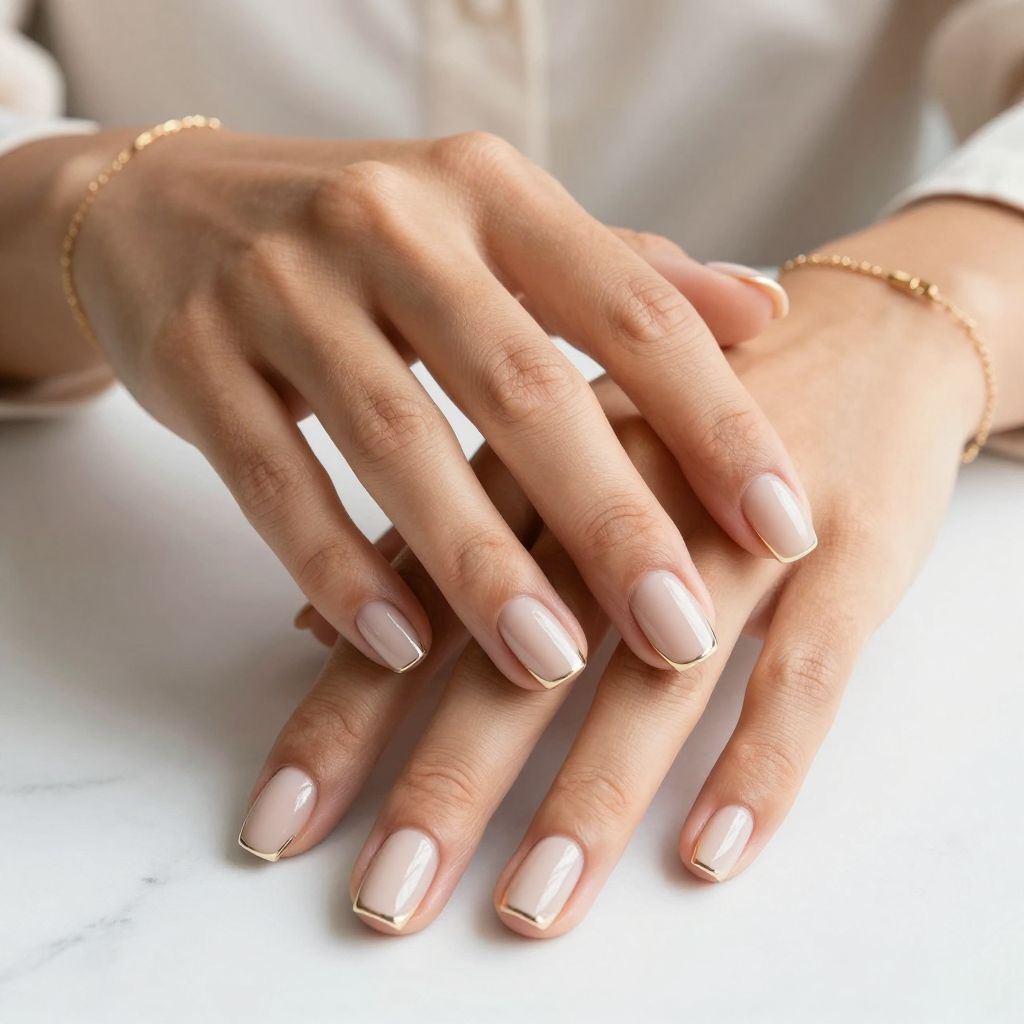 Neutral Chrome Nails with Subtle French Outline