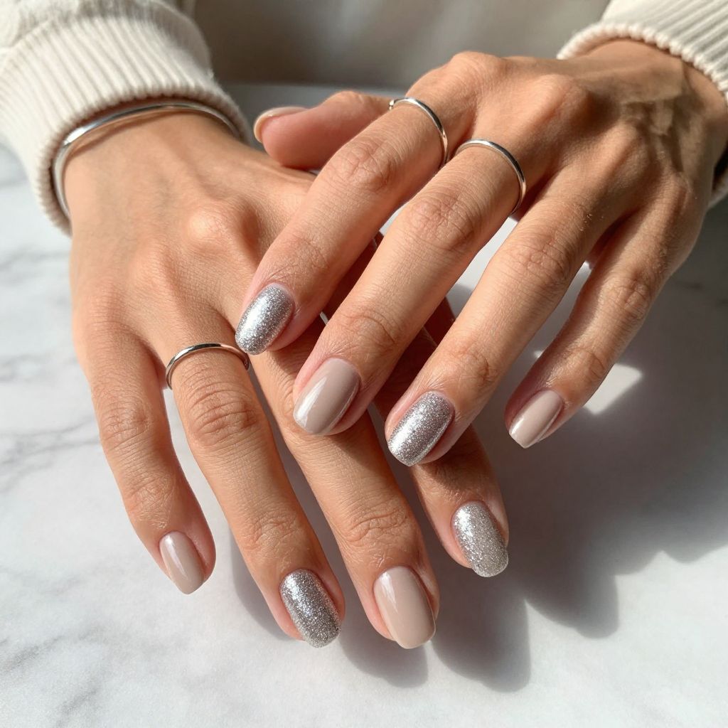 Soft Nude Chrome with Glitter Tips