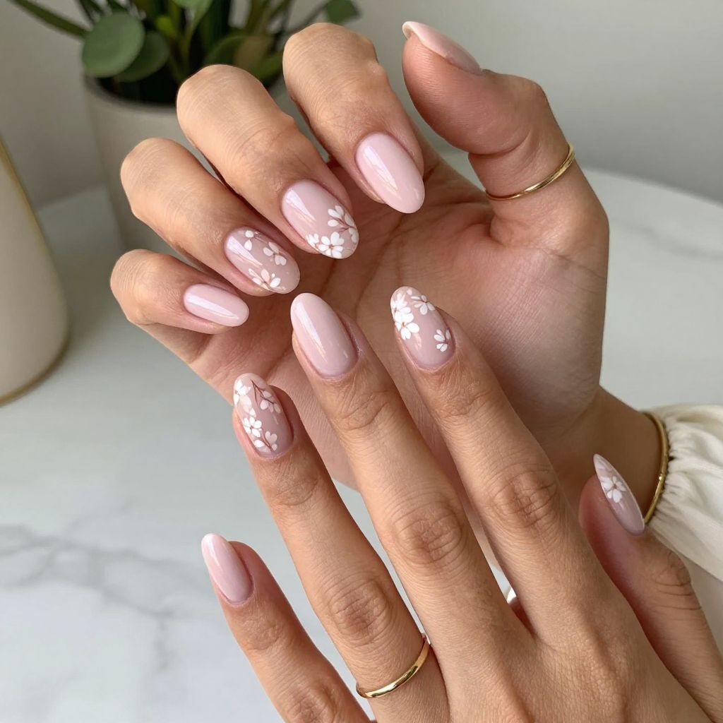 Nude Pink with White Floral Accent