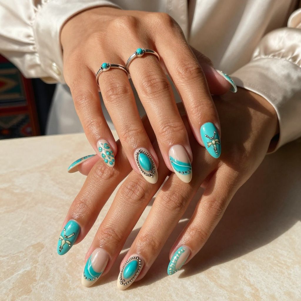 Turquoise Inlay Glam Nails