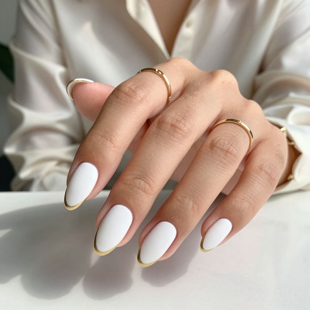 Matte White Almond with Subtle Gold Tips