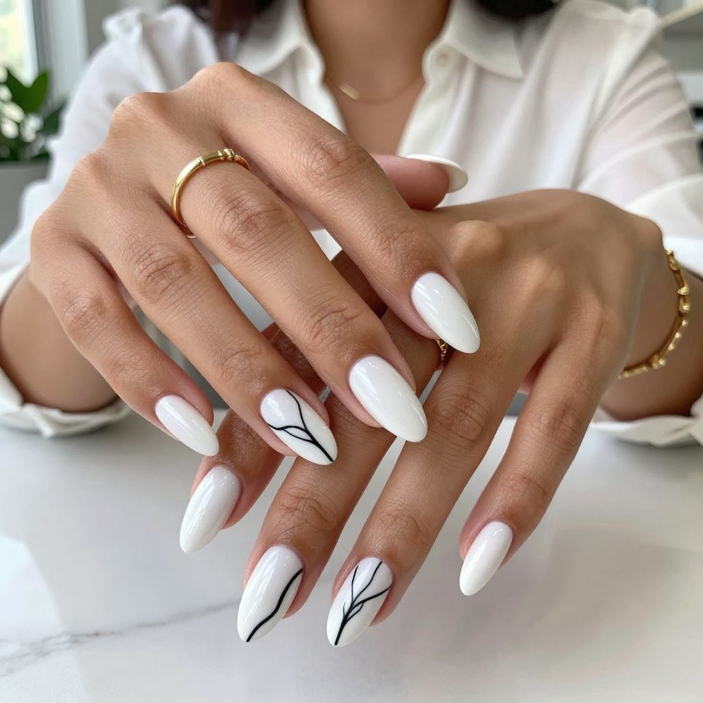Glossy White Almonds with Matte Black Line Art