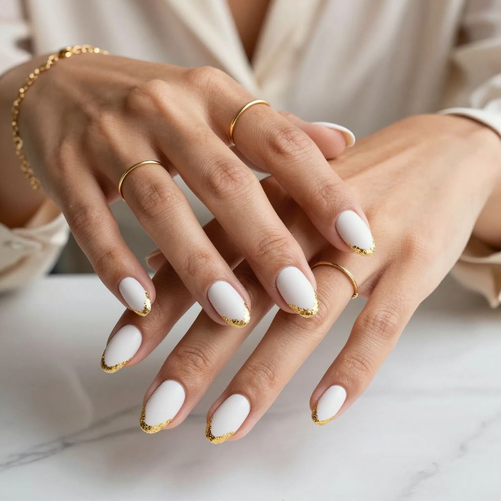 White Matte With Gold Foil French Tips