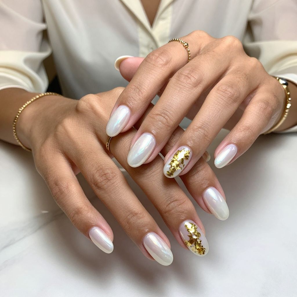 Pearly White Base With Gold Leaf Accent Nails