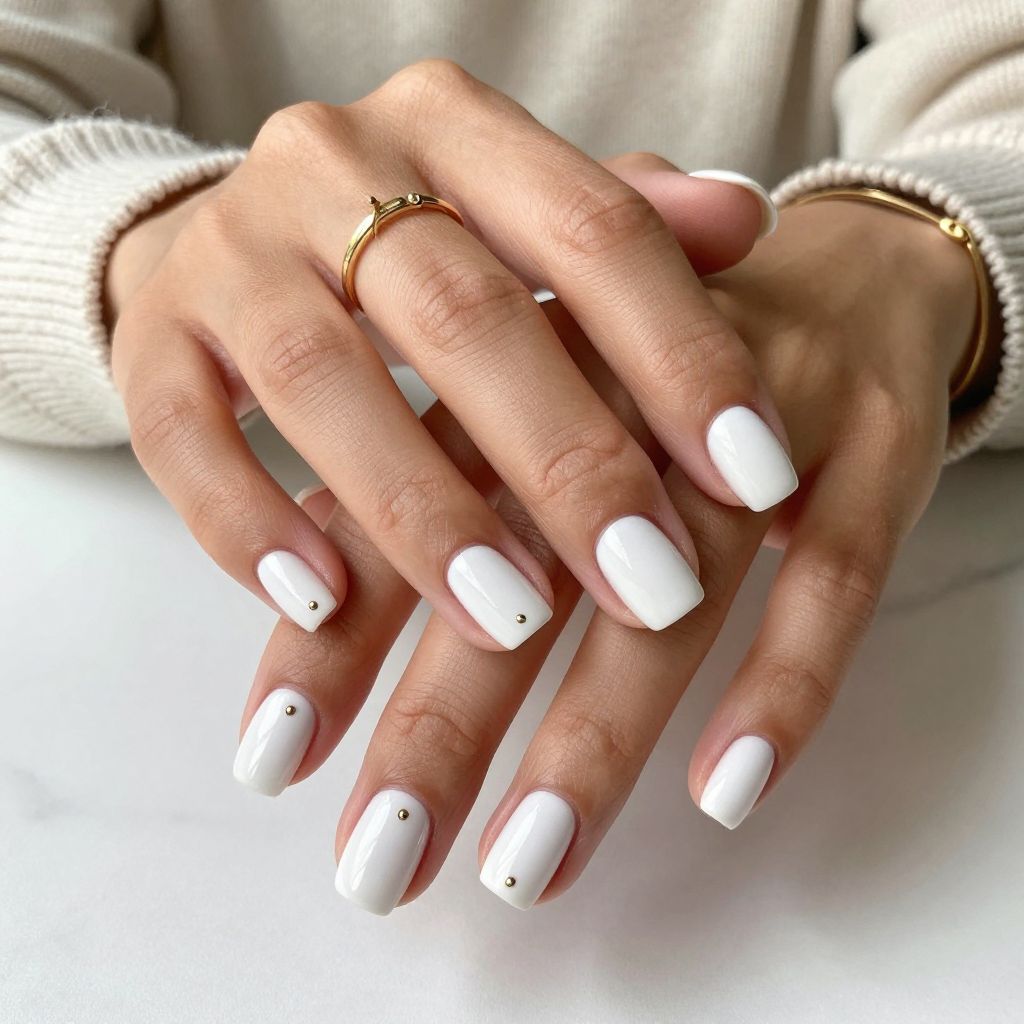 Minimalist White Nails With Gold Dot Detail